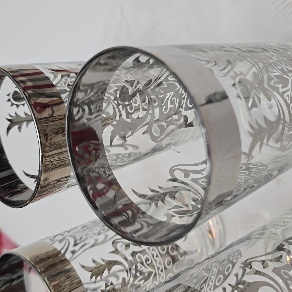 Vintage MCM Set Of 4 Kimiko Silver Knight Shield Highball Glasses Barware - Picture 5 of 16